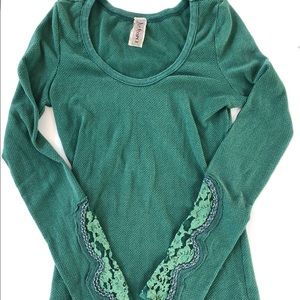 Free people green thermal long sleeve lace detail